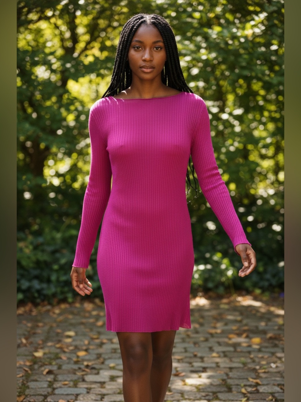 Zara Ribbed Long-Sleeve Sheer Bodycon Dress — Magenta